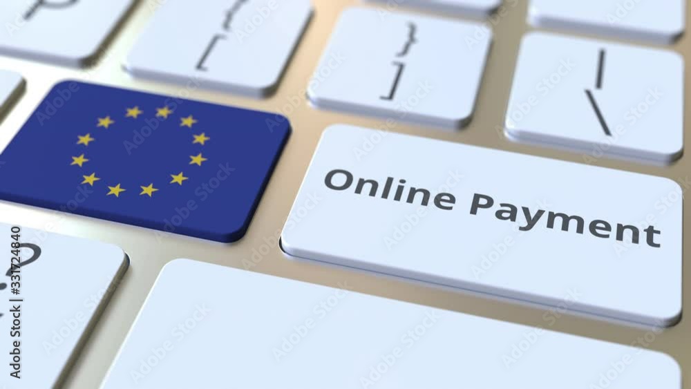 Poster online payment text and flag of the european union on the keyboard. modern finance related conceptua