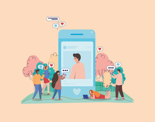 Boy picture trees bubbles and people with smartphones vector design