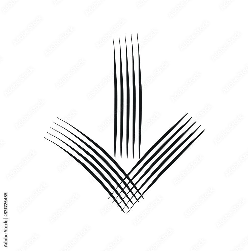 Poster black downward pointing pen drawn arrow icon sketched as vector symbol..