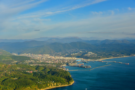Aerial view of the city of Tuapse and the Black Sea