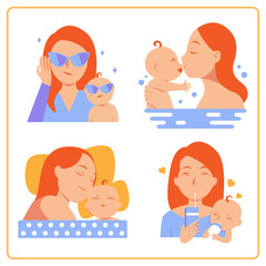 Mother and her baby set, Mother's Day logo happy cartoon vector