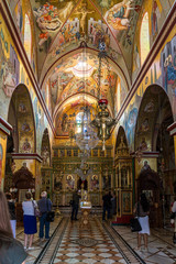 Fototapeta na wymiar The central hall in the interior of the Greek Orthodox Monastery of the Transfiguration located on Mount Tavor near Nazareth in Israel