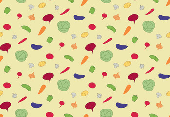 Seamless pattern of vegetables. Vegan food vector background for kitchen clothes, cafe interior, restaurant