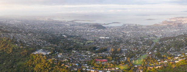Early morning light shines on the East Bay and San Francisco Bay in Northern California. This region of the west coast is densely populated but is not far from Lake Tahoe and Yosemite National Park.