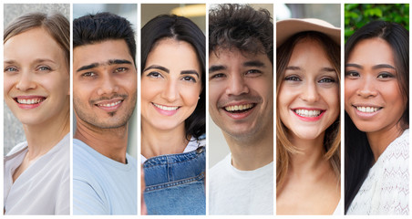 Happy successful global team members portrait set. Smiling multiracial young men and women in casual multiple shot collage. Positive human emotions concept
