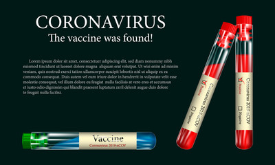 Test tube with blood sample for coronavirus (2019-nCOV), positive laboratory blood test for COVID-2019, the concept of finding a vaccine against  COVID-2019, realistic vetcorny illustrations