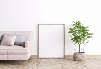 mock up poster frame in modern interior background, living room with pink sofa and grey pillows, wooden floor lamp and green plant, Scandinavian style, render, 3D illustration