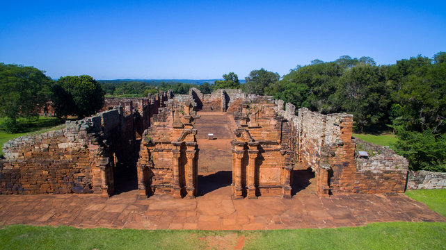 Aerial view San Ignacio Min&iacute;, Jesuit Mission of the Guarani, UNESCO World Heritage Site. Main temple entrance.