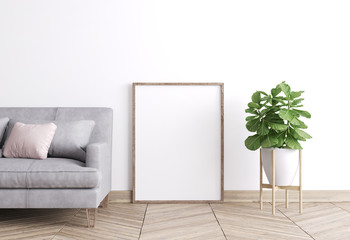 mock up modern interior sofa in living room, empty wooden frame, 3D render