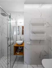 Modern contemporary interior of bathroom with shower. White sink and mirror. Marble tile.