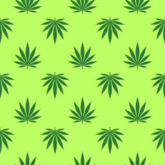 Seamless pattern of Cannabis leaves staggered on green background.
