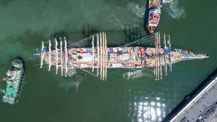 Aerial plan of freedom frigate arriving in port. Buenos Aires - Argentima.