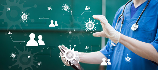Doctor examines covid-19 virus exchanging online information with other professionals. Healthcare...