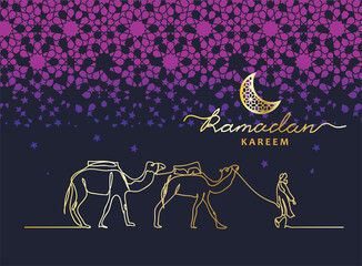 Ramadan kareem night vector card with camel caravan, camelcade, stars, moon. One continuous line drawing.