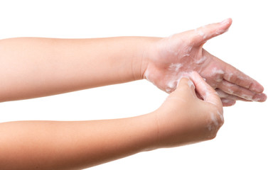 Asian kid girl hand washing isolated on white background.