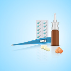 Medical equipment on blue background. Digital thermometer, nasal spray, drugs.