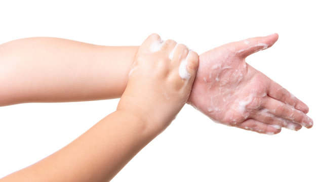 Asian kid girl hand washing isolated on white background.