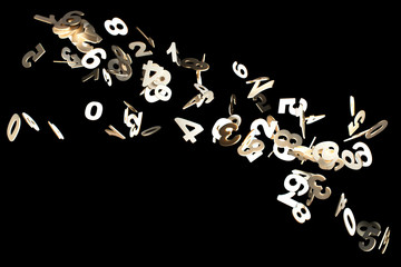 Real Wood Numbers Flying away Isolated on Black Background