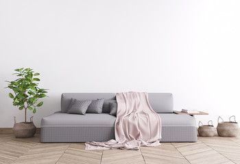 Interior living room wall mock up with gray sofa and pink plaid, plant and coffee table with books on empty white wall background, Scandinavian style. 3D rendering, illustration
