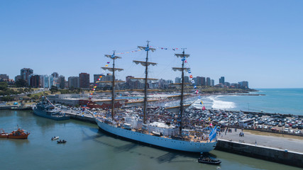 Aerial plan of freedom frigate arriving in port. Buenos Aires - Argentima.