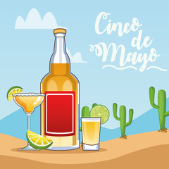 cinco de mayo celebration card with tequila bottle and cups