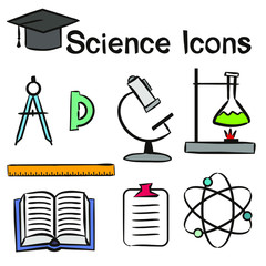 Set of hand-drawn icons on the theme of Science. Pictograms of an open book, GMicroscope, ruler, molecule, chemical burner. Vector illustration on the theme of Science, chemistry, physics or education