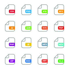 Set of program file formats and labels icons. Vector illustration