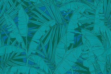 Tropical leaves pattern. Seamless texture with banana leaves and palm tree leaf. Banner for the travel and tourism industry, summer sale. .Green floral design element, print for fabrics and textiles. - 331733043