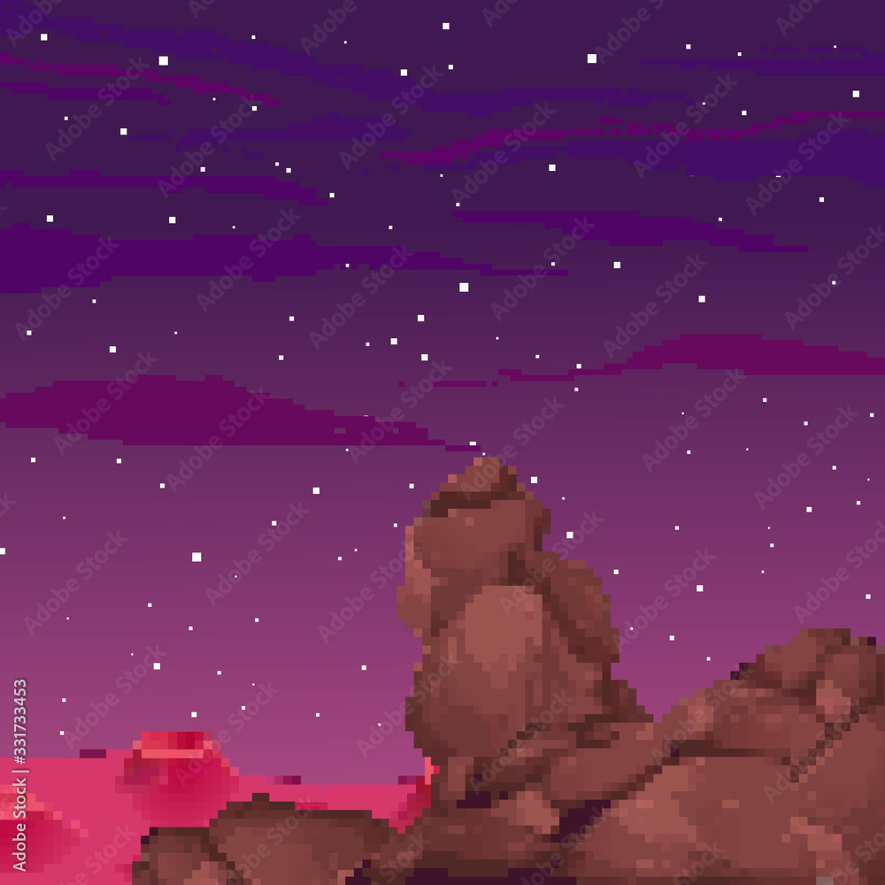 Poster pixel art space background. location with mountains, planet and clouds. landscape for game or applic