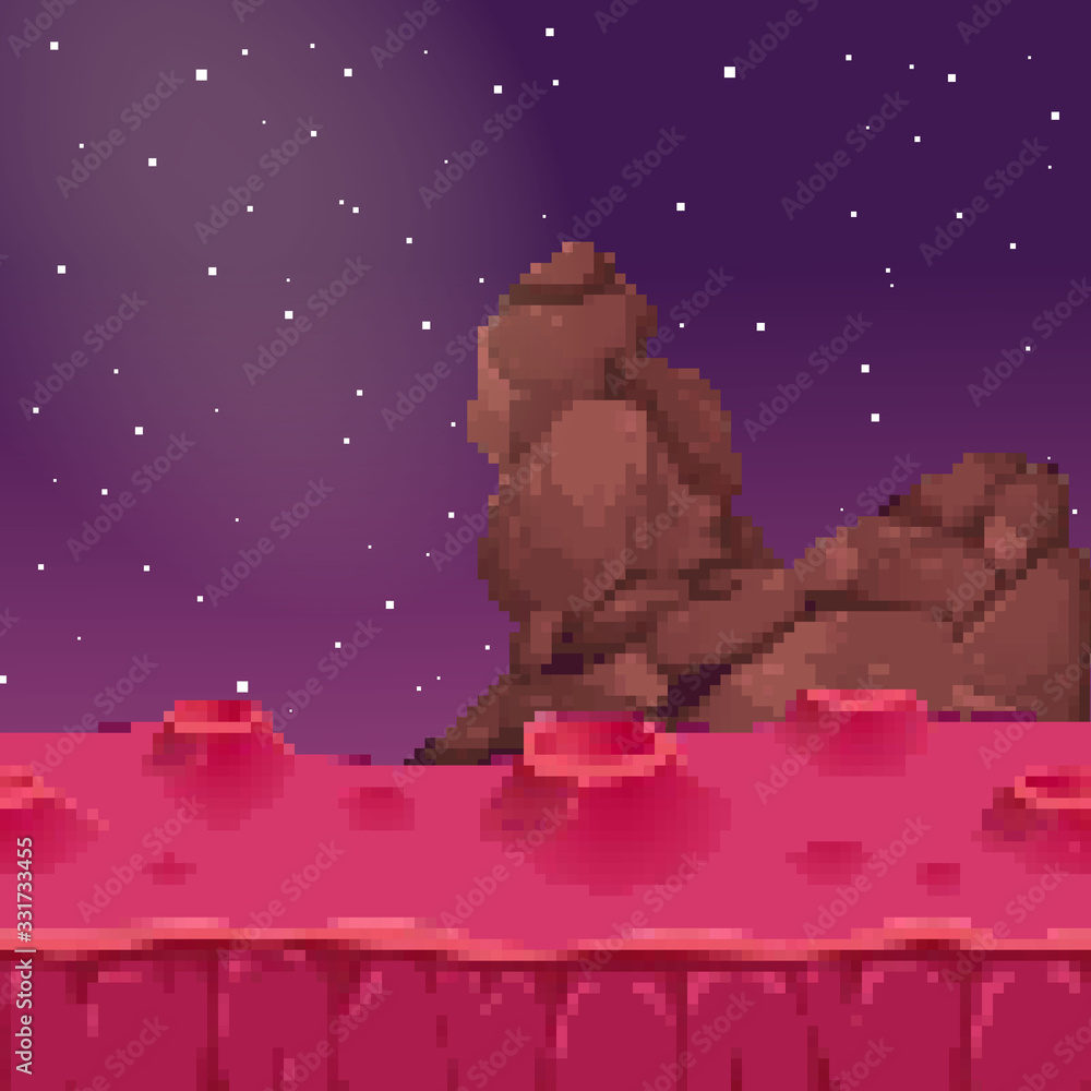 Poster pixel art space background. location with mountains, planet and clouds. landscape for game or applic