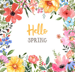 Watercolor colorful spring floral border. Hand drawn pink, yellow and blue wild flowers and greenery leaf, foliage on white background with space for text. Frame template for cards - 331734023