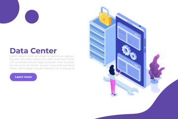 IT  Administrators server, systems configuration, network upkeeping, Data center  concept. Flat isometric vector illustration