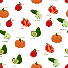 Fresh vegetables pattern vector. Tomato cucumber avocado pepper pumpkin