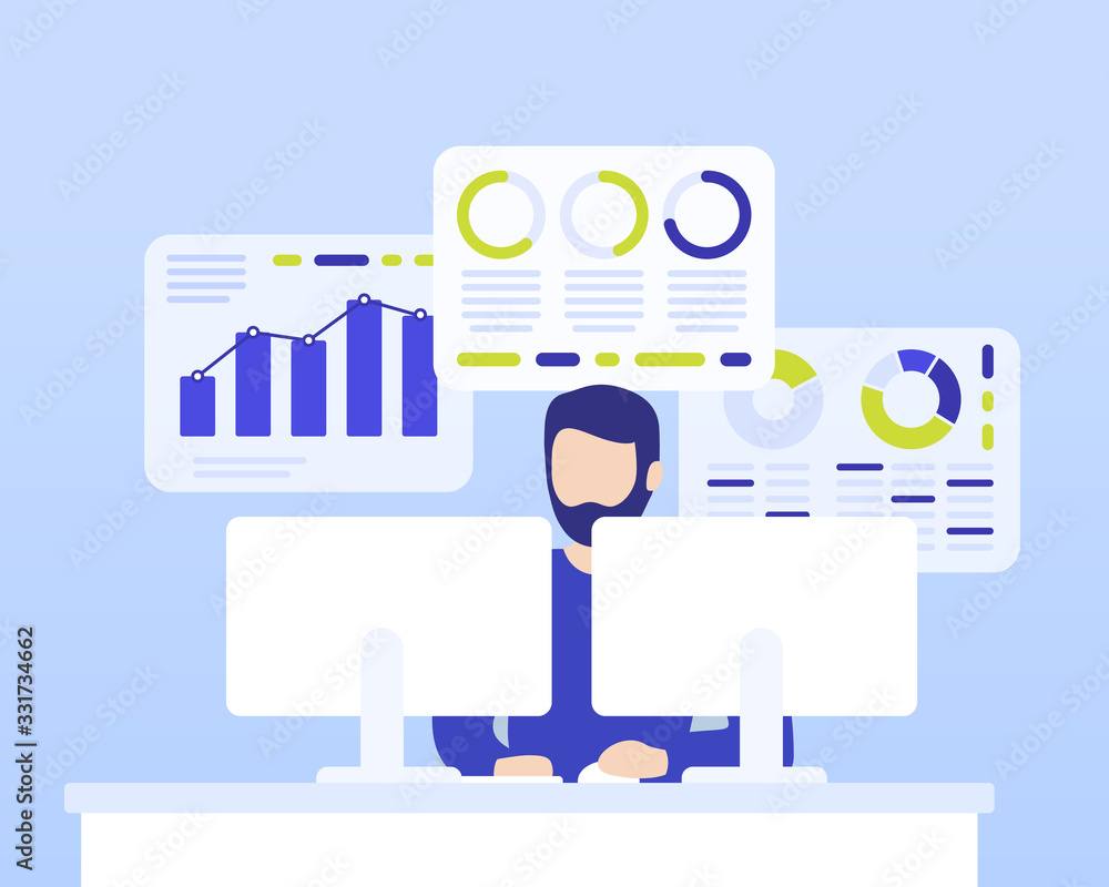 Poster data analytics, man working with business data