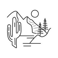 mountain line art with emblems. Summer vector illustrations. Design for t-shirt, stamp, label, logo, etc. isolated vector graphic.