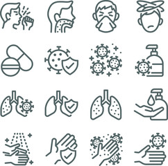 Flu disease prevention icon set vector illustration. Contains such icon as clean, cold symptoms, mask, hand washing, sore throat and more. Expanded Stroke