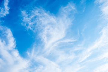 blue sky horizontal with beautiful puffy fluffy clouds with sunlight, abstract nature background