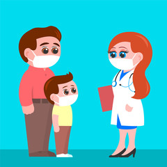 Obraz premium Father and son in protective masks turned to a woman doctor. Female pediatrician. Coronavirus pandemic or other epidemic. Cartoon vector illustration.