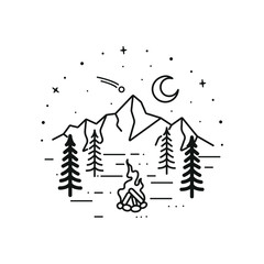 mountain line art with emblems. Summer vector illustrations. Design for t-shirt, stamp, label, logo, etc. isolated vector graphic.