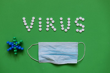 Inscription VIRUS on  background with mask medical .COVID-19. 2019 Novel Coronavirus (2019-nCoV). 