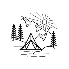 Fototapeta na wymiar mountain line art with emblems. Summer vector illustrations. Design for t-shirt, stamp, label, logo, etc. isolated vector graphic.