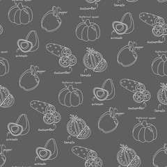 Tomato, cucumber, avocado, pumpkin, pepper vegetables pattern line