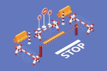 Vector isometric scene with closed country border because of coronavirus. Blue background, people protection