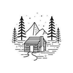mountain line art with emblems. Summer vector illustrations. Design for t-shirt, stamp, label, logo, etc. isolated vector graphic.