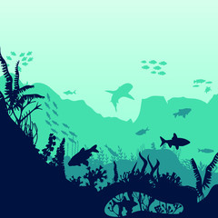 Silhouette of fish and algae on a reef background.  Deep blue water, coral reef and underwater plants. vector landscape with a reef.