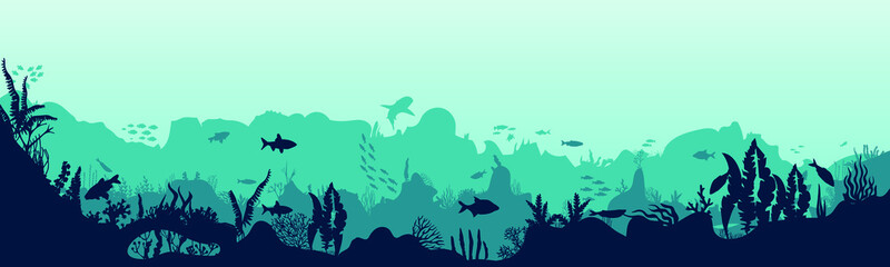 Fototapeta na wymiar Silhouette of fish and algae on a reef background. Parmarma ocean scene. Deep blue water, coral reef and underwater plants. vector landscape with a ree