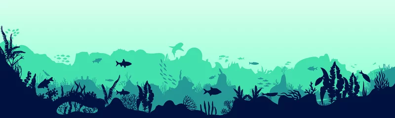 Crédence de cuisine en verre imprimé Vie marine Silhouette of fish and algae on a reef background. Parmarma ocean scene. Deep blue water, coral reef and underwater plants. vector landscape with a ree