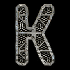 Mechanical alphabet made from rivet metal with gears on black background. Letter K. 3D