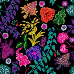 Fotobehang Beautiful folk art flower illustration seamless pattern, on dark background © IlkaErzsebet