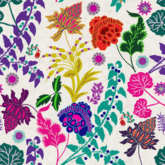 Fototapeta na wymiar Beautiful folk art flower illustration seamless pattern, on light background